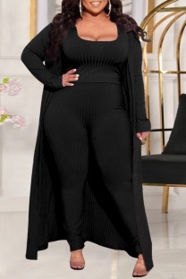 Black Casual Solid Color Basic U Neck Plus Size Three Piece Set