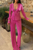 Rose Red Celebrities Solid Color Patchwork Ruched Strap Design Deep V Neck Long Sleeve Two Pieces