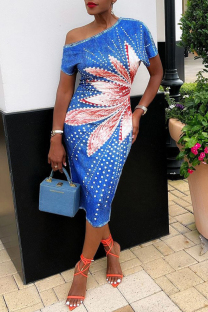 Blue Casual Floral Print Basic Oblique Collar Short Sleeve Dresses