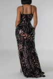 Pink Sexy Patchwork Sequins Backless Slit Spaghetti Strap Long Dresses