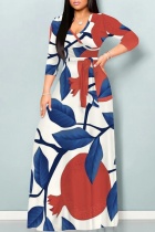 Red Blue Casual Print Belted V Neck Long Dresses