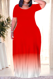 Red Casual Gradient Print Pocket O Neck Printed Plus Size Dresses