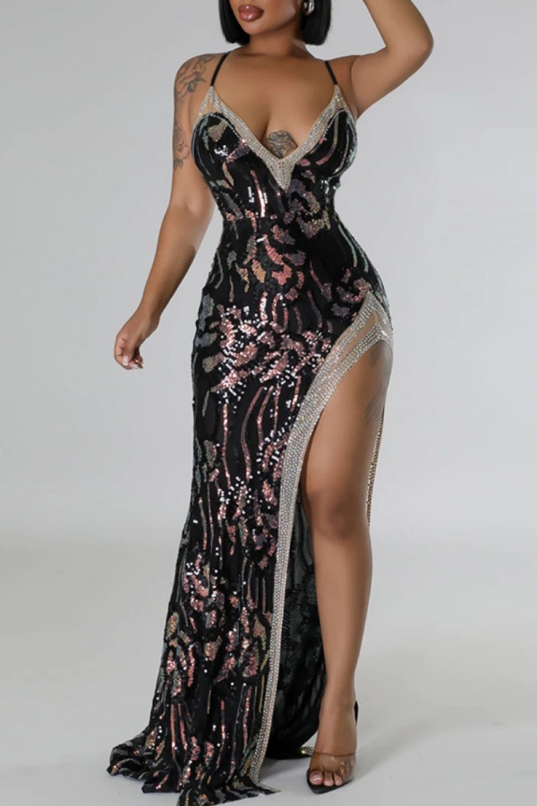 Black Sexy Patchwork Sequins Backless Slit Spaghetti Strap Long Dresses