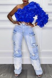 Blue Casual Solid Color Backless Oblique Collar Tops