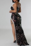Pink Sexy Patchwork Sequins Backless Slit Spaghetti Strap Long Dresses