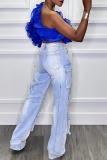 Blue Casual Solid Color Backless Oblique Collar Tops