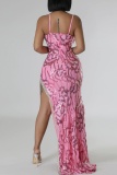 Pink Sexy Patchwork Sequins Backless Slit Spaghetti Strap Long Dresses