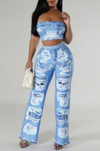 Blue Sexy Casual Print Vests Pants Spaghetti Strap Sleeveless Two Pieces