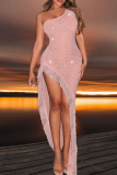 Red Sexy Patchwork Hot Drilling Fringed Trim Slit Oblique Collar Dresses