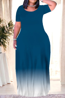 Tibetan Blue Casual Gradient Print Pocket O Neck Printed Plus Size Dresses