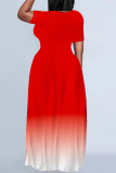 Burgundy Casual Gradient Print Pocket O Neck Printed Plus Size Dresses