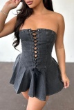 Black Sexy Casual Solid Color Backless Belted Strapless Sleeveless Bodycon Denim Dresses