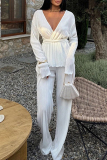 Rose Red Celebrities Solid Color Patchwork Ruched Strap Design Deep V Neck Long Sleeve Two Pieces