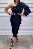 Blue Casual Solid Color Backless Oblique Collar Tops