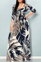 Khaki Casual Print Belted V Neck Long Dresses