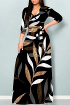 Black Casual Print Belted V Neck Long Dresses