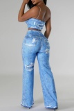 Blue Sexy Casual Print Vests Pants Spaghetti Strap Sleeveless Two Pieces