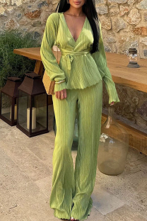 Green Celebrities Solid Color Patchwork Ruched Strap Design Deep V Neck Long Sleeve Two Pieces