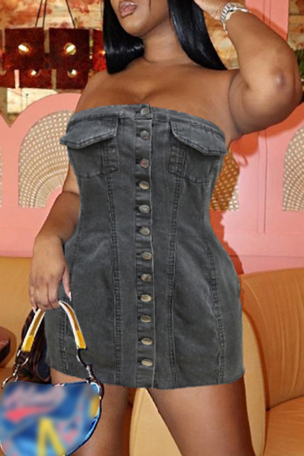 Black Sexy Casual Solid Color Buckle Backless Strapless Sleeveless Bodycon Denim Dresses