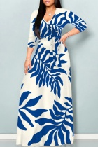 Blue Casual Print Belted V Neck Long Dresses