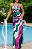 Rose Red Elegant Print Hollow Out Patchwork Backless High Slit U Neck Long Dresses