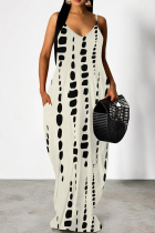 Khaki Casual Print Patchwork Backless Spaghetti Strap Sling Dresses