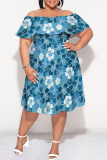 Green Casual Floral Print Ruffle Off Shoulder Printed Plus Size Dresses