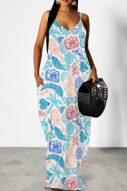 Blue White Casual Print Patchwork Backless Spaghetti Strap Sling Dresses