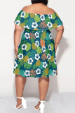 Green Casual Floral Print Ruffle Off Shoulder Printed Plus Size Dresses
