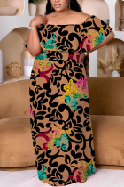 Brown Casual Print Patchwork Off Shoulder Long Plus Size Dresses