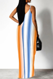 Powder Blue Casual Print Patchwork Backless Spaghetti Strap Sling Dresses