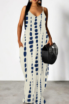 Tibetan Blue Casual Print Patchwork Backless Spaghetti Strap Sling Dresses