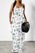 White Casual Print Patchwork Backless Spaghetti Strap Sling Dresses