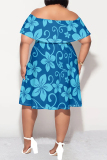 Green Casual Floral Print Ruffle Off Shoulder Printed Plus Size Dresses