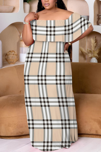 Apricot Casual Print Patchwork Off Shoulder Long Plus Size Dresses