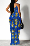 Baby Blue Sexy Floral Print Pocket V Neck Printed Dresses