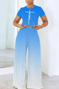 Blue White Casual Gradient Print Letter Print Basic O Neck Short Sleeve Two Pieces