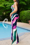Rose Red Elegant Print Hollow Out Patchwork Backless High Slit U Neck Long Dresses