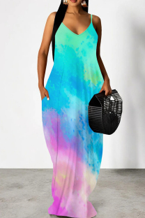 Blue Purple Casual Print Patchwork Backless Spaghetti Strap Sling Dresses