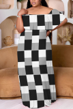 Black And White Casual Print Patchwork Off Shoulder Long Plus Size Dresses