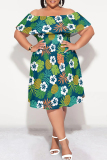 Green Casual Floral Print Ruffle Off Shoulder Printed Plus Size Dresses