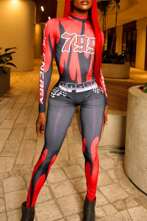 Red Street Print Patchwork Zipper O Neck Skinny Jumpsuits