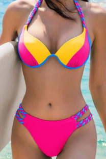 Rose Red Sportswear Patchwork Backless Contrast Swimwears