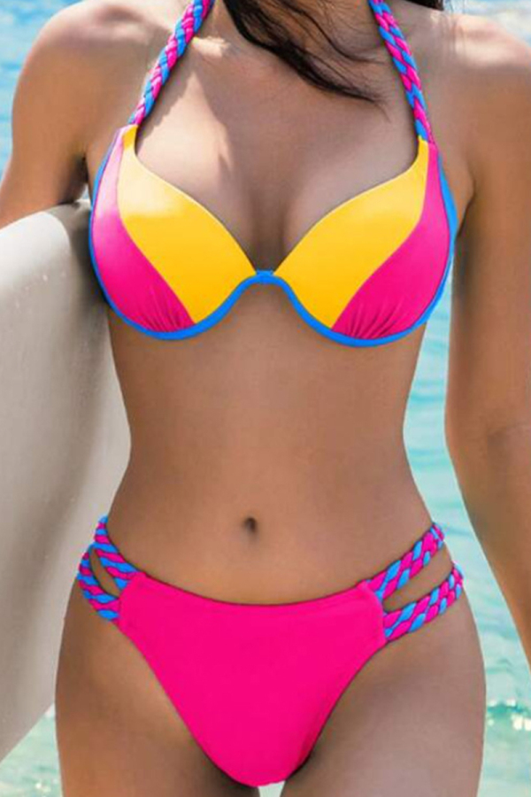 Rose Red Sportswear Patchwork Backless Contrast Swimwears