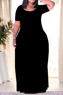Black Casual Daily Solid Color Pocket O Neck Printed Plus Size Dresses