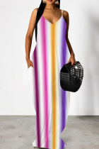 Orange Purple Casual Print Patchwork Backless Spaghetti Strap Sling Dresses