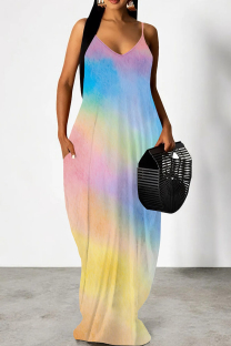 Multicolor Casual Print Patchwork Backless Spaghetti Strap Sling Dresses