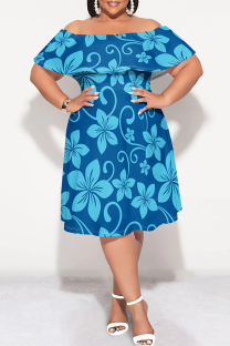 Deep Blue Casual Floral Print Ruffle Off Shoulder Printed Plus Size Dresses