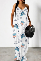 White Blue Casual Print Patchwork Backless Spaghetti Strap Sling Dresses