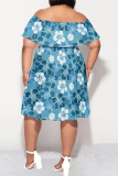 Green Casual Floral Print Ruffle Off Shoulder Printed Plus Size Dresses